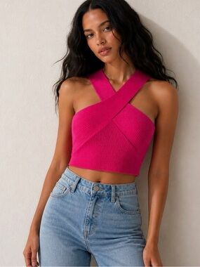 REVOLVE x House of Harlow 1960 Lidia Criss-Cross Pink Ribbed Halter Top Size S